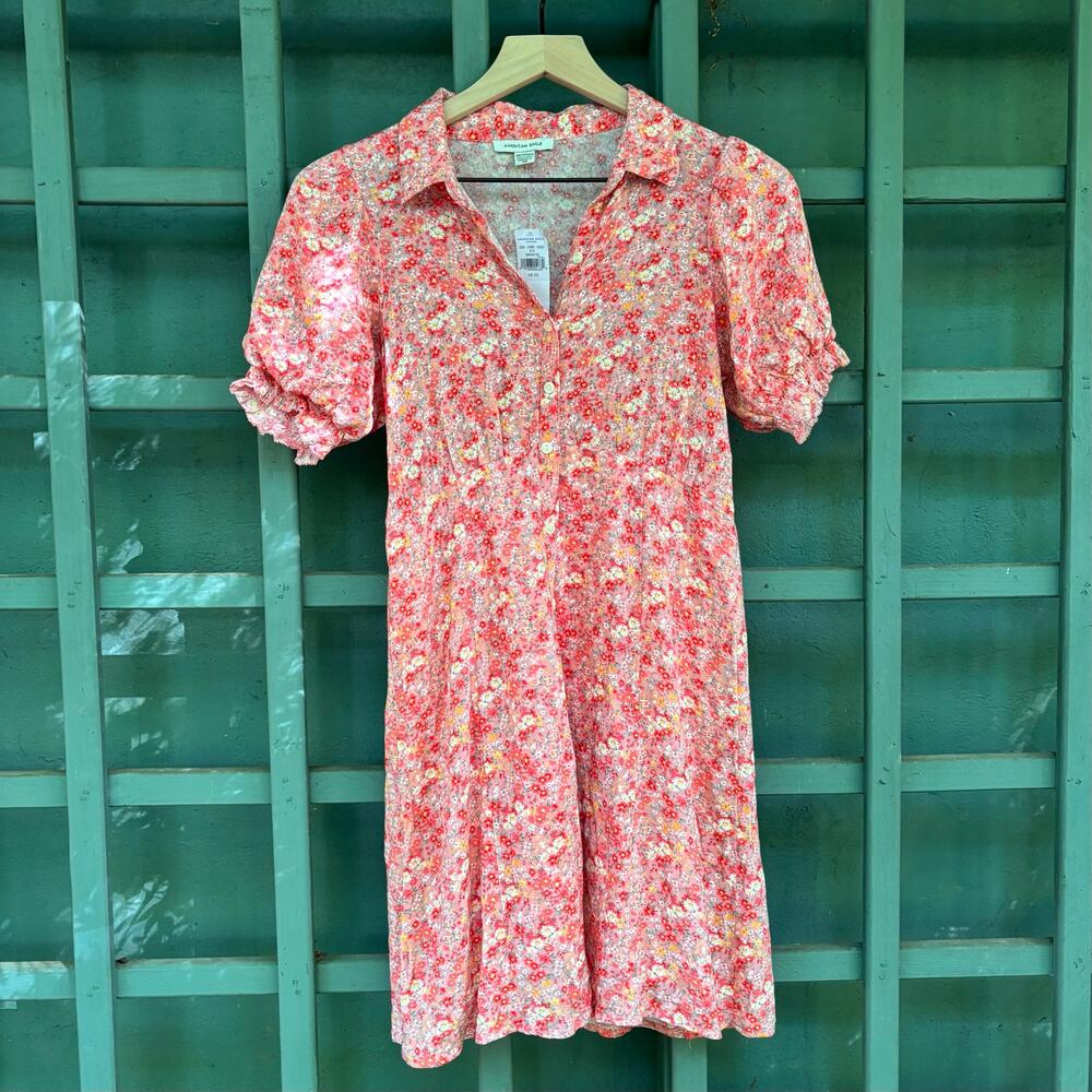 NWT American Eagle Floral Puff Sleeve Mini Dress - Pink/Orange size XS